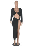 Red Fashion Sexy Solid Hollowed Out Slit V Neck Long Sleeve Dresses