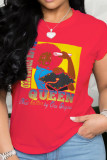 Red Street Print Patchwork O Neck T-Shirts