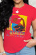 Red Street Print Patchwork O Neck T-Shirts