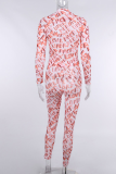 Pink Sexy Print Mesh Half A Turtleneck Long Sleeve Two Pieces