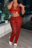 Red Sexy Solid Tassel Ripped Patchwork Swimwears