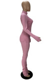 Pink Fashion Casual Solid Fold Turtleneck Long Sleeve Two Pieces