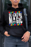 Black Fashion Casual Letter Print Basic Hooded Collar Tops