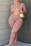 Apricot Sexy Solid Hollowed Out Patchwork Frenulum O Neck Skinny Jumpsuits