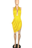 Red Sexy Solid Hollowed Out Patchwork Fold Asymmetrical Halter Evening Dress Dresses