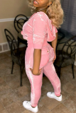 Pink Casual Solid Patchwork Zipper Collar Long Sleeve Two Pieces