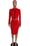 Red Sexy Solid Slit Asymmetrical Zipper Collar Long Sleeve Two Pieces