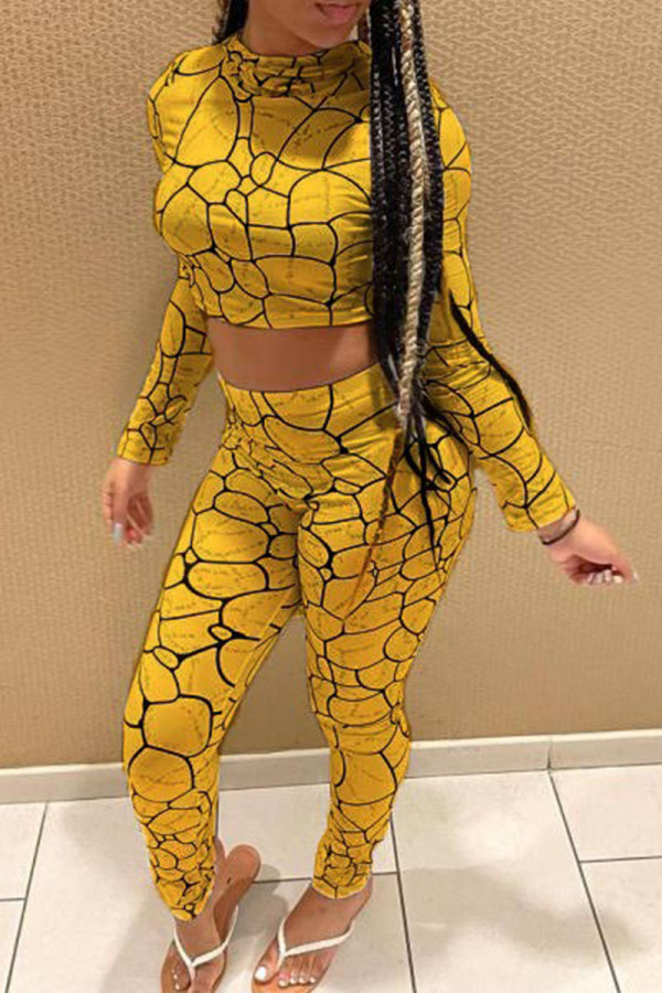 Yellow Casual Print Patchwork O Neck Long Sleeve Two Pieces