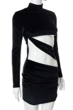 Black Sexy Solid Patchwork Half A Turtleneck Pencil Skirt Dresses