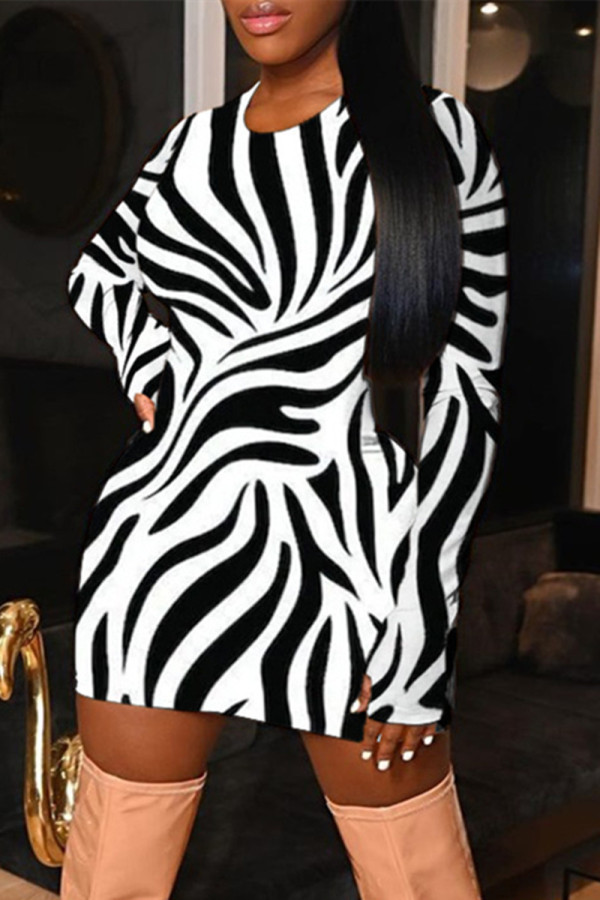 Black Fashion Casual Print Basic O Neck A Line Dresses