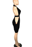 Red Sexy Solid Hollowed Out Patchwork Fold Asymmetrical Halter Evening Dress Dresses