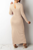 Red Fashion Sexy Solid Hollowed Out Slit V Neck Long Sleeve Dresses