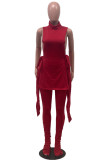 Red Sexy Casual Solid Bandage Fold Turtleneck Sleeveless Two Pieces