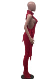 Red Sexy Casual Solid Bandage Fold Turtleneck Sleeveless Two Pieces