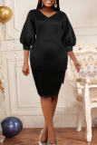 Blue Casual Solid Patchwork V Neck Lantern Skirt Dresses