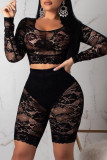 White Fashion Sexy Solid See-through O Neck Long Sleeve Two Pieces