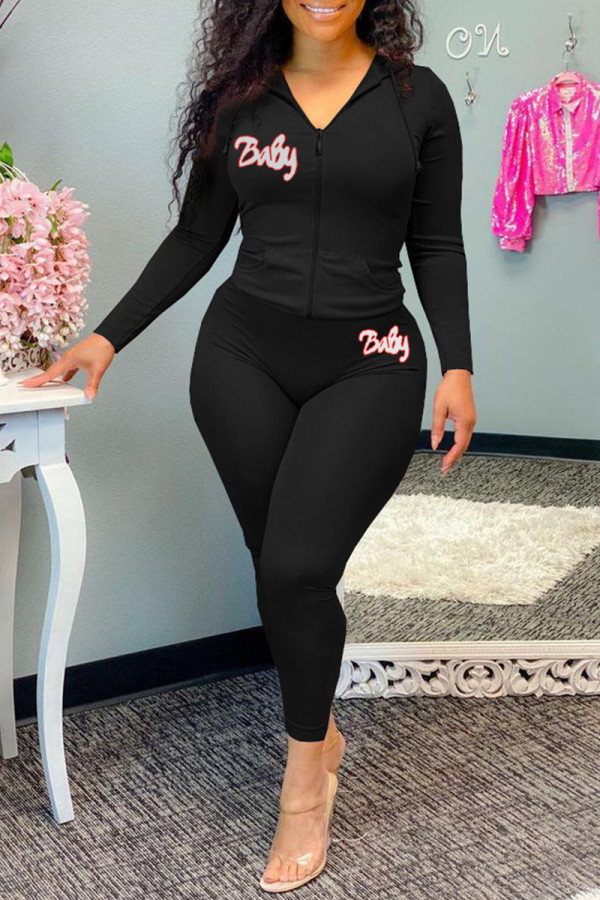 Black Fashion Casual Letter Print Zipper Hooded Collar Long Sleeve Two Pieces
