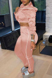 Pink Casual Solid Patchwork Hooded Collar Long Sleeve Two Pieces