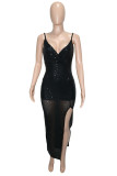 White Fashion Sexy Solid Backless Slit Spaghetti Strap Evening Dress