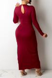 Red Fashion Sexy Solid Hollowed Out Slit V Neck Long Sleeve Dresses
