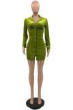 Green Fashion Sexy Solid Patchwork Turndown Collar One Step Skirt Dresses