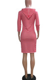 Pink Casual Striped Print Patchwork Hooded Collar Straight Dresses