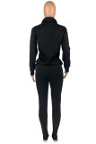 Black Fashion Casual Solid Patchwork Zipper Collar Long Sleeve Two Pieces