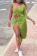 Green Sexy Solid Patchwork Draw String Fold Asymmetrical Long Sleeve Two Pieces