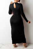 Red Fashion Sexy Solid Hollowed Out Slit V Neck Long Sleeve Dresses