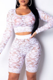 White Fashion Sexy Solid See-through O Neck Long Sleeve Two Pieces