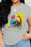 Red Street Print Patchwork O Neck T-Shirts