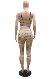 Brown Sexy Print Patchwork Spaghetti Strap Sleeveless Two Pieces