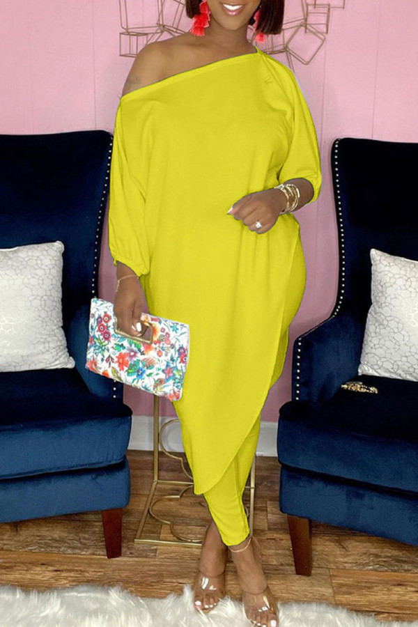 Yellow Fashion Casual Solid Patchwork Oblique Collar Half Sleeve Two Pieces