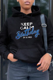 Black Fashion Casual Letter Print Basic Hooded Collar Tops