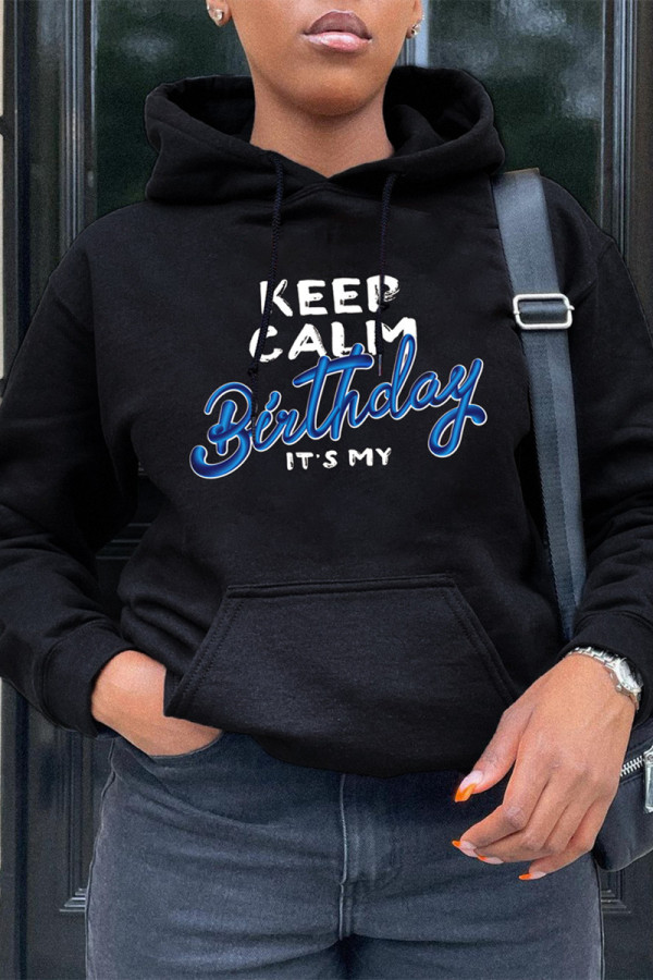 Black Fashion Casual Letter Print Basic Hooded Collar Tops