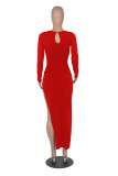 Red Fashion Sexy Solid Hollowed Out Slit V Neck Long Sleeve Dresses