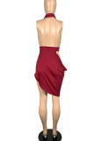 Red Sexy Solid Hollowed Out Patchwork Fold Asymmetrical Halter Evening Dress Dresses