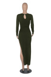 Red Fashion Sexy Solid Hollowed Out Slit V Neck Long Sleeve Dresses