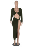 Red Fashion Sexy Solid Hollowed Out Slit V Neck Long Sleeve Dresses