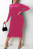 Red Sexy Solid Patchwork See-through Burn-out O Neck A Line Dresses
