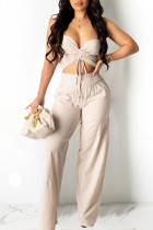 Apricot Casual Solid Split Joint Frenulum Halter Sleeveless Two Pieces