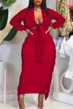 Rose Red Sexy Solid Tassel Bandage Split Joint V Neck Long Sleeve Two Pieces