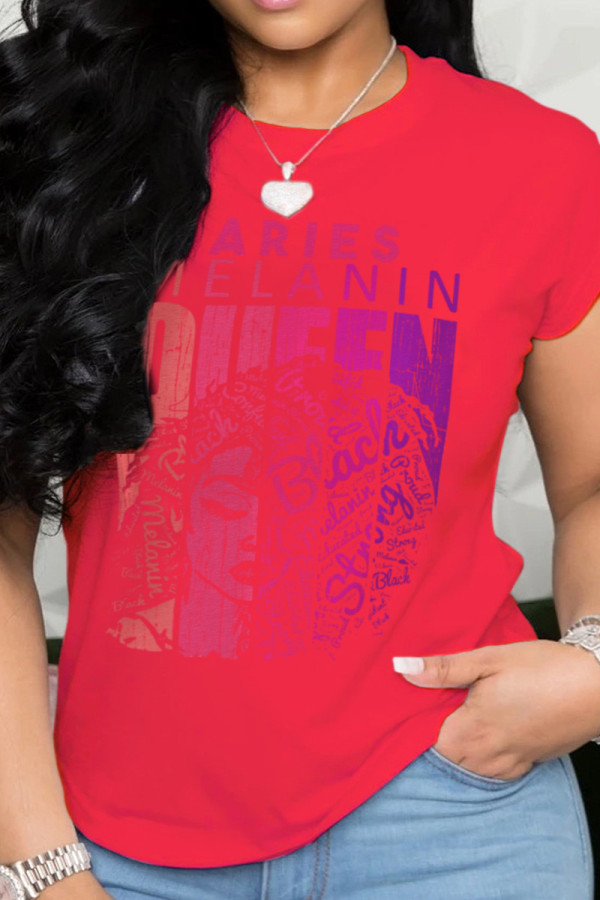 Red Casual Street Print Patchwork O Neck T-Shirts