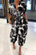 Black Gray Casual Print Patchwork Buckle Turndown Collar Loose Jumpsuits