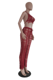 Tangerine Red Sexy Solid Tassel Ripped Patchwork Swimwears