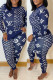 Tibetan Blue Fashion Casual Print Basic O Neck Long Sleeve Two Pieces