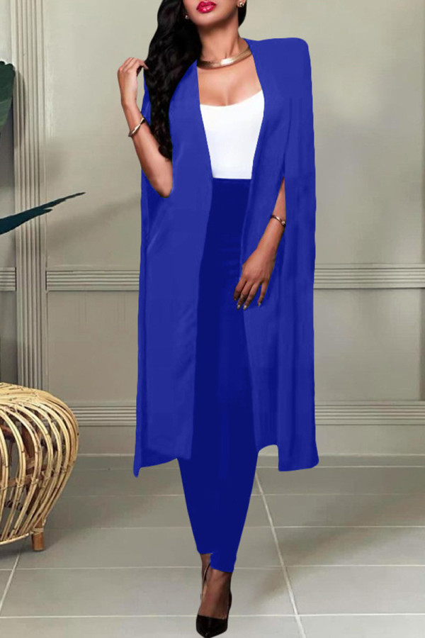 Blue Fashion Casual Solid Slit Turn-back Collar Long Sleeve Two Pieces