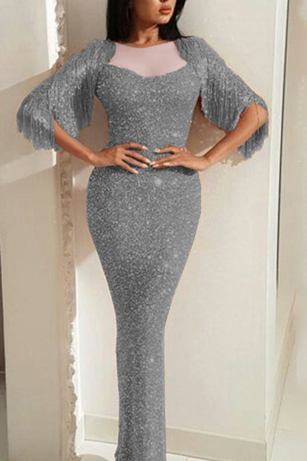 Grey Sexy Patchwork Sequins O Neck Trumpet Mermaid Dresses