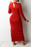 Red Fashion Sexy Solid Hollowed Out Slit V Neck Long Sleeve Dresses