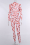 Pink Sexy Print Mesh Half A Turtleneck Long Sleeve Two Pieces